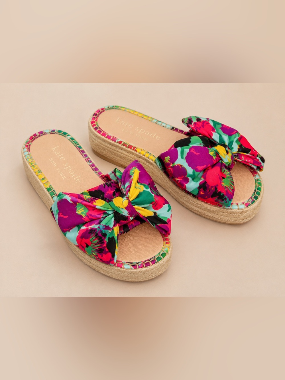 NWOT Kate Spade New York Floral Bow Platform Espadrille Slides Size 8.5 - Picture 1 of 4